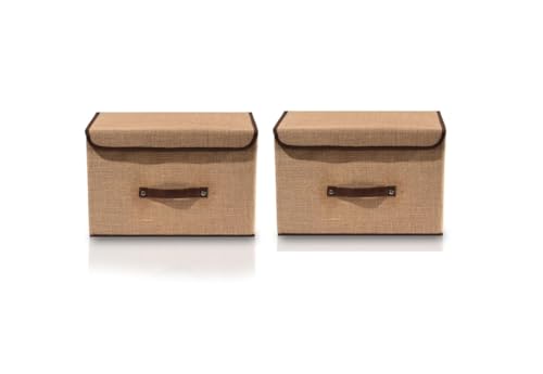 Image of Set of 2 Non Woven Foldable Space Saver Storage Box Wardrobe Closet Organizer Stackable Basket /Bins with Lid & Handle for Clothes, Toys, Books (Beige & Brown)