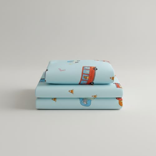 Image of Filymore Kids Double Bed Sheet Set - Cartoon Bus Theme, 240 TC Soft Microfiber, Includes 2 Pillow Cover, Double Bed Bedspread (90x90 in), Sky Blue and Red Colour