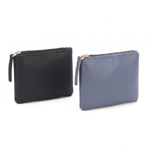 Image of Small Vegan Leather Coin Purse Pouch, Minimalist Zipper Wallet Set in Black and Beige, Compact Money Organizer, Makeup Pouch (Black-Grey)