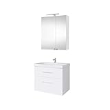 Planetmöbel Waschtischunterschrank 64cm mit Spiegelschrank Badmöbel Set für Badezimmer Gäste WC Weiß