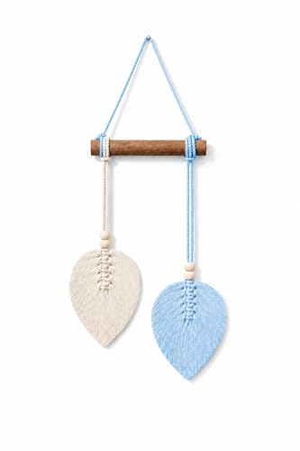 Image of AdFashionble Boho Macrame Wall Hanging Leaf Decor for Home, Living Room & Bedroom | Cotton Thread Art with Wooden Rod | Minimalist Handmade Wall Decoration | Aesthetic Nordic Wall Art for Home, Office & Gift Purpose Lenght- 58 cm Width- 15 cm (LIGHT BLUE & OFFWHITE)