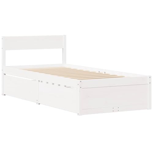 vidaXL Cadre de Lit Simple avec Tiroirs en Bois de Pin Massif - Blanc 90x200 cm - Meuble de Chambre à Coucher