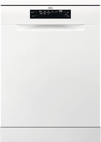 AEG Lavavajillas de 60 cm, FFB64607ZW, 13 cubiertos, Motor Inverter, Libre Instalación, Display LCD 8 Programas, 4 Temperaturas, AirDry Extrahigiene, Serie 6000 SatelliteClean, Blanco