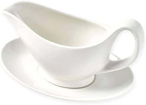 Dinnerlit Gravy Boat with Saucer - 16oz Fine Porcelain Sauce & Salad Dressing Boat (White)