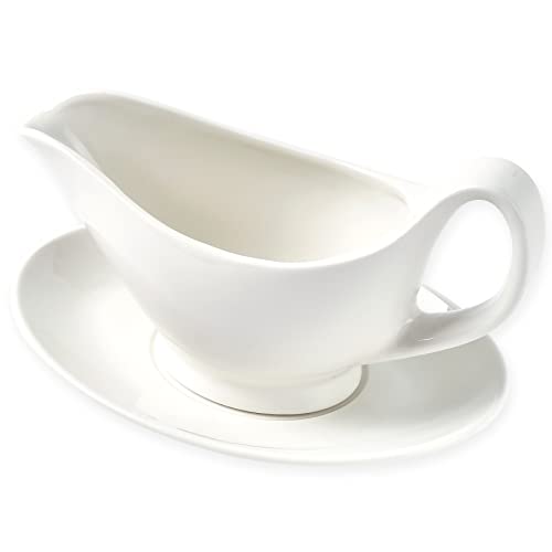 Gravy Boat with Saucer – 16oz Fine Porcelain Sauce & Salad Dressing Boat (White)