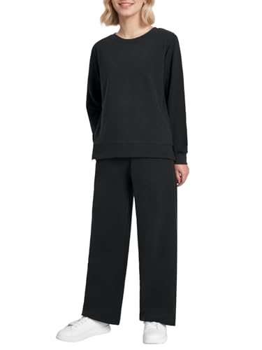 Weintee Women's Petite Sweatsuits Side Slit Sweatshirt and Sweatpants Sets Wide Leg Jogging Suits
