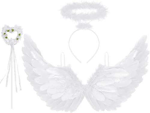 Newthinking Angel Wings and Halo for Adults Kids, White Feather Wings Halloween Angel Fairy Costume Cosplay for Women Girls, 65x35cm Newthinking Angel Wings and Halo for Adults Kids, White Feather Wings Halloween Angel Fairy Costume Cosplay for Women Girls, 65x35cm