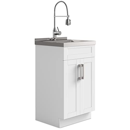 SIMPLIHOME Hennessy All-in-One 20 inch Wide Utility Sink and Laundry Cabinet in Pure White Finish, Transitional Stainless Steel Sink Cabinet for Laundry Rooms with High-Arch Chrome Faucet and Storage
