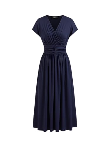 CIDER Womens V-Neck Midi Dress Ruched Short Sleeve Casual A Line Dresses