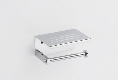 Image of Premium Stainless Steel Toilet Paper Holder with Mobile Phone Storage Shelf | Wall-Mounted Bathroom Tissue Roll Dispenser with Decor Tray | Chrome Finish Rustproof Organizer (Square CH44)