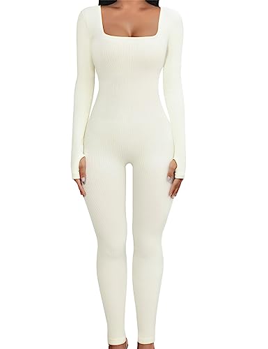 Yuson Girl Jumpsuit Damen Lang Sport Yoga Bodysuit Overall Stretch Jumpsuits Eng Quadratischer Hals Langarm Jumpsuit Einteiligem Workout Playsuits Sportkleidung Frauen Set(Weiß, S)