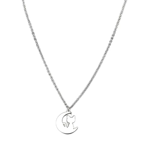 Collier chat et lune en acier inoxydable, cadeau idéal pour femme avec chaîne de clavicule fine