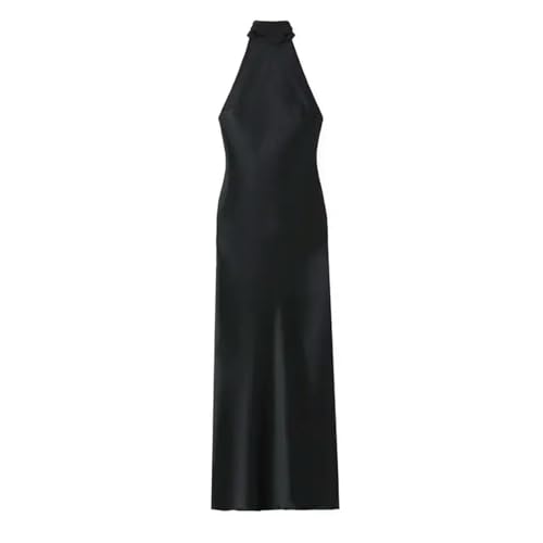 Modisches Damen-Tanktop aus schwarzem Satin, langes Neckholder-Kleid, Party-Tanktop, Schwarz, L