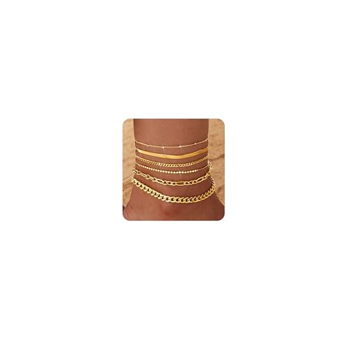 Image of Besteel Ankle Bracelets for Women Waterproof - 14K Gold Plated Non Tarnish Layered Cuban Link Chain Rope Figaro Herringbone Anklets Set Plus Size Anklet Summer Foot Jewelry Gift Adjustable 8-12 Inch
