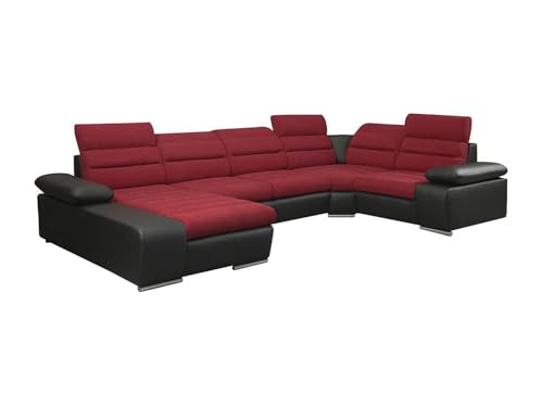Vente-unique - Canapé d'angle panoramique Convertible en Tissu et Simili Boileau - Bicolore Rouge/Noir - Angle Gauche