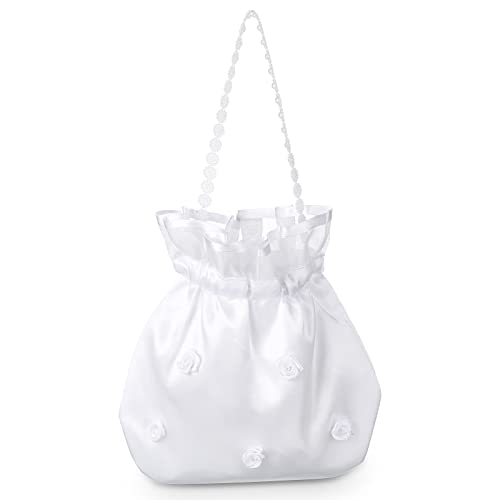 Bolso de Satén Blanco Bolso Dolly de Flores de Boda Bolsa de Comunión Bolsa de Dinero para Novia Bolso de Dama de Honor con Flores Bolso de Mano de Boda para Mujer Niñas Fiesta