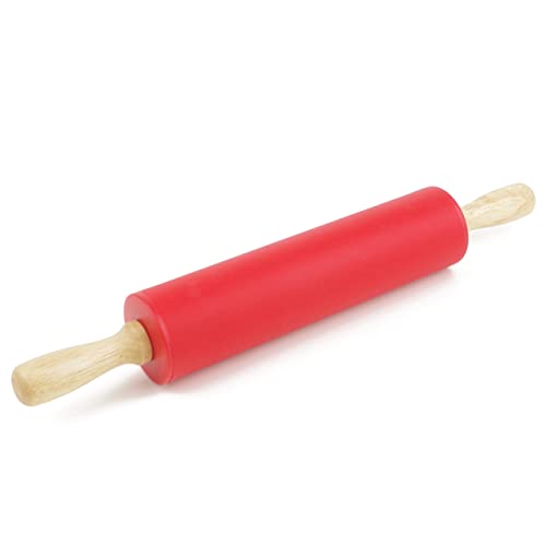 Remeel Teigroller mit Metallachse Silikon Nudelholz als Backzubehör Backrolle mit nicht klebend Silikon Teigroller Holzgriff aus Buchenholz (Maße:30/38cm)