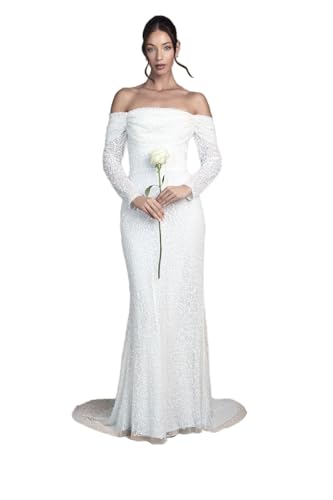 Image of Coast Honoured Sequin Draped Bardot Long Sleeve Maxi Wedding Dress, 16, Ivory