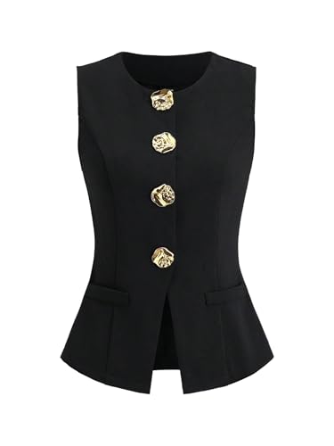Verdusa Women's Button Down Split Blazer Vests Old Money Crew Neck Fitted Sleeveless Jackets Top