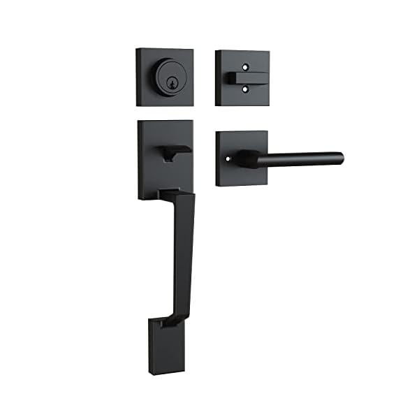 Ohuhu Front Door Lock Set, Heavy Duty Upgraded Front Door Handle Black Locksets with Deadbolt - Entry Exterior Door Handle Sets Single Cylinder Reversible Lever Matte Finish Zinc Alloy Modern Style