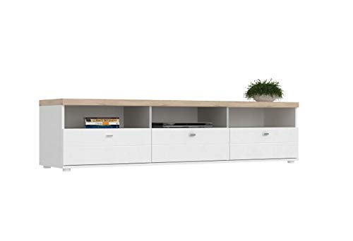 OGGI Meuble TV Meuble TV Mili Lowboard Grand Design Salon Chambre Ado Chambre 3 Tiroirs 180x44x42cm Blanc LUX + Lumière San Remo