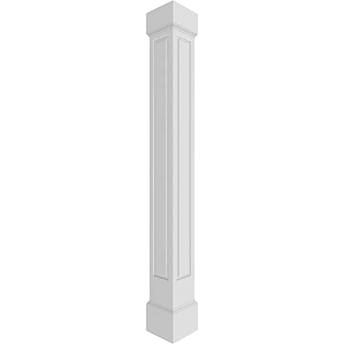 Ekena Millwork 8"W x 10'H Premium Square Non-Tapered Raised Panel PVC Endura-Craft Column Wrap Kit, Mission Capital & Base