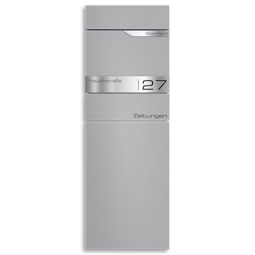 Metzler Standbriefkasten freistehend in RAL 9007 Graualuminium aus Stahl mit Zeitungsfach - personalisiertes Namensschild aus rostfreiem V4A Edelstahl | Witterungsbeständig | Alves