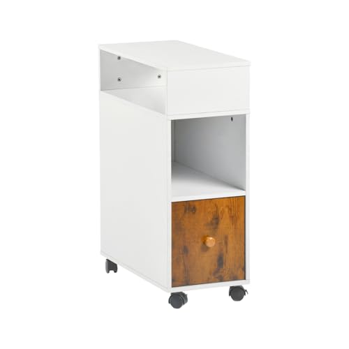 ZZINOKE Mesilla de Noche Estrecha, mesita de Noche Moderna con cajón y 2 Compartimentos Abiertos, mesita Auxiliar pequeña con Ruedas para Dormitorio, salón, 50×25×68 cm, Blanco