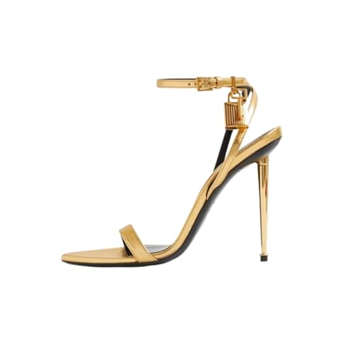 Women’S Fashion Gladiator Sandals Gold Padlock Detail One Word Buckle Open Toe Thin Heels Ankle Strap Dress Sandals2