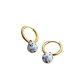 Pendientes de aro con cuentas redondas flores esmaltadas en blanco y azul for mujer, acero inoxidable chapado oro geométrico Para Mujeres, Madres, Novias, Madres(Color04)