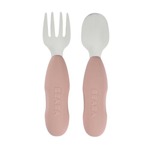BÉABA, 2er Set Kinderbesteck Inox und Silikon, Baby Besteck, Kinder Besteck, ab 10 Monaten, ergonomische Form, ergonomischer Griff, Lernbesteck Baby, Zuckerwatte