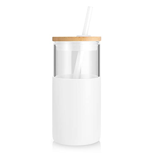 Tronco 16 Oz Glass Tumbler With Straw And Bamboo Lid, Iced Coffee Cup Reusable, Smoothie Cups, Tumbler With Silicone Protective Sleeve - Bpa Free #TOP1