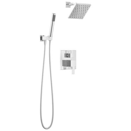 Image of Delta Modern Square Shower System Faucet Set, Chrome 6.5-inch Shower Head and Handle Set, Valve Trim Kit, Chrome T342703 (Valve Not Included)