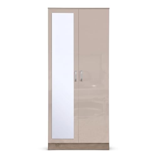 Image of AFN Home Gladini High Gloss Mirrored 3 Piece Bedroom Furniture Set, 2 Door Wardrobe with Mirror, 4 Drawer Chest & Bedside Cabinet for Home & Bedroom, Cream/Oak