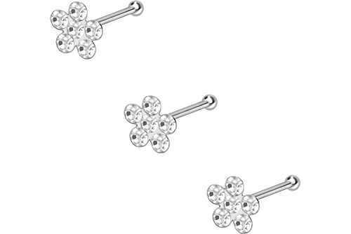 Juego de 3 piercings de plata de ley 925 para nariz, diseño de flores de cristal, piercing para nariz, conector