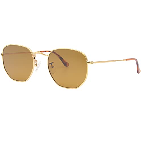 Image of Retro Glass Lens Hexagonal Sunglasses for Men Women Vintage Square Metal Frame Flat Lens Sun glasses
