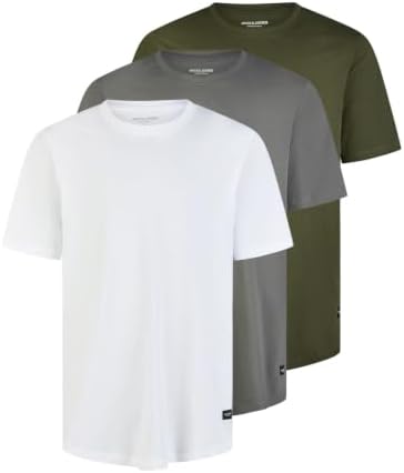 JACK & JONES Tshirt Herren lang geschnitten Set 100% Bio-Baumwolle Regular Fit JJENOA 3er Pack Rundhals Kurzarm Sommer Organic Basic Tee Shirt Schwarz Weiß Beige Grün Grau S M L XL