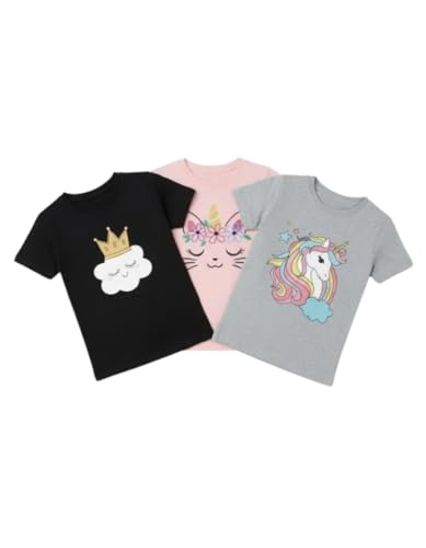 Image of Girls Graphic T-Shirts, 3-Pack, Unicorn Cat Cloud Designs, Short Sleeve, Cotton Blend