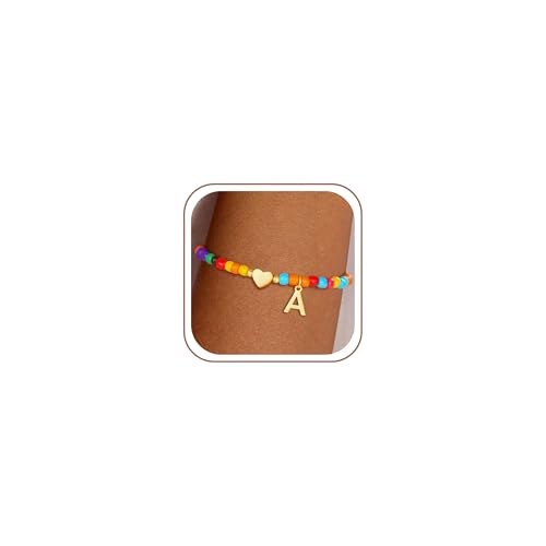 Image of Eaciy Colorful Initial Bracelets for Women Girls - Trendy Beaded Heart Initial Bracelet Teen Girl Gifts Trendy Stuff Bohemian Gold Letter Bracelet Personalized Gifts for Women Girls Jewelry