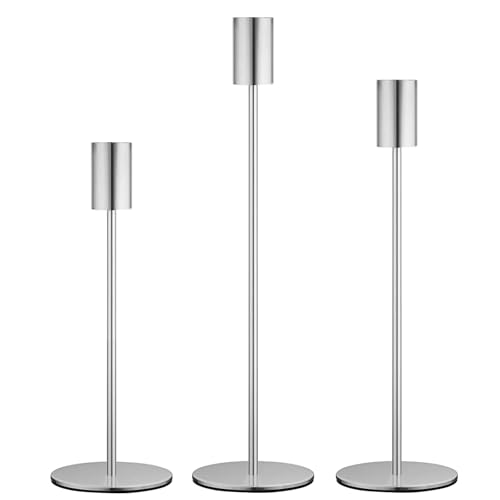 AiiBowy Candelabro Plateado [3 Piezas] Portavelas de Varilla, Vintage Candeleros de Metal Alto, Aoporte para Velas, Candelabro Navidad para Bodas, Fiestas, Decoración del Hogar (Plateado)
