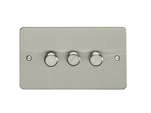 Eurolite 3 Gang 400W Push On Off 2Way Dimmer Switch Enhance Flat Satin Stainless Steel Plate Matching Knobs