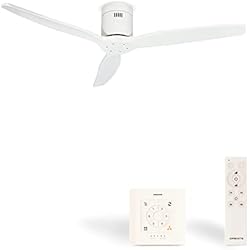 Ventilador Mallorca Blanco CREATE / WINDCALM/Ventilador techo con mando y controlador pared, motor DC blanco / 40W, Silencioso, Ø132 cm, 6 velocidades, temporizador, función verano-invierno