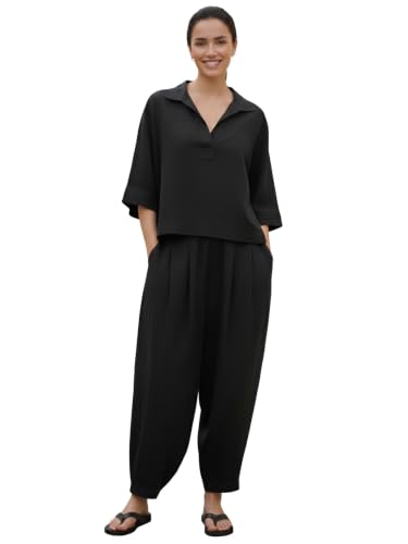 Image of GRECIILOOKS Co Ord Set for Women Stylish | Relaxed Fit Cotton Cord Set for Woman's | Breathable Oversized Top & Baggy Pants | Dress for Woman | 2-piece Matching Tunic and Trouser Set