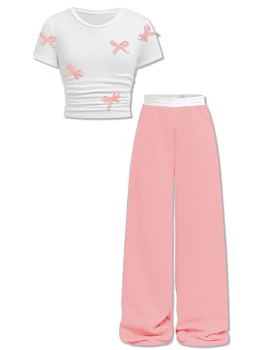 Qetobolly Clothes for Teen Girls Cute Bow Short Sleeve T-shirts Top with Wide Leg Pants 2PCS Girls Size 14-16 Outfit Sets