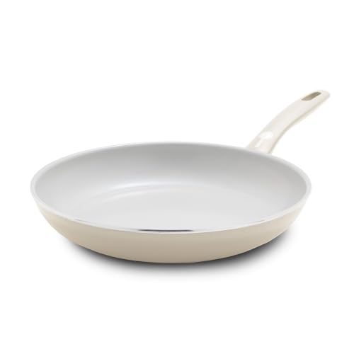 Greenpan Dover - Sartén antiadherente de cerámica saludable, 25.4 cm, sin PFAS, apta para lavavajillas, mango de agarre cómodo, color blanco crema