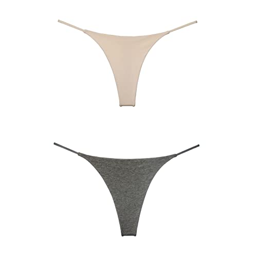 BY.ECG Women's Cotton Thong Double-Layer Sexy G-String Nude/Grey 2 Pack(XS)