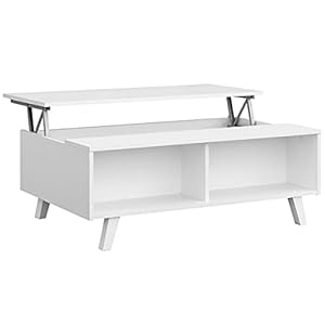 COMIFORT Table Basse avec Plateau Relevable – Table de Salon Fonctionelle avec Rangement et Compartiments Résistants, Moderne, Pieds en Hêtre 100% Naturels, Blanc