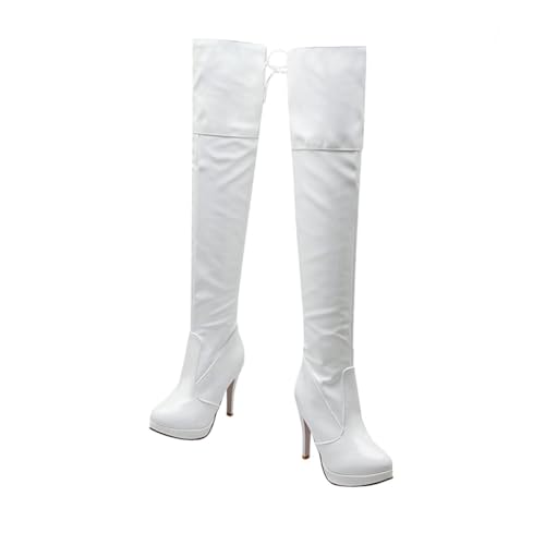 KOMBIUDA Botas Altas de Muslo para Mujer Blancas con Tacón Fino y Cremallera Lateral Diseño Ligero y Elegante para Fiestas y Estilo la Moda