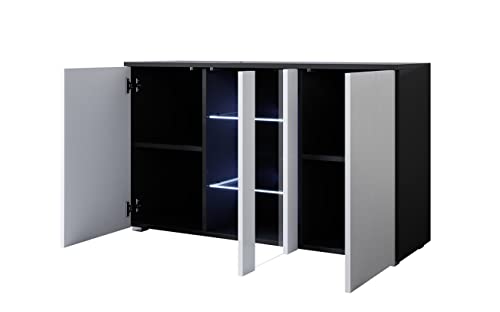 MB Muebles Bonitos | Buffet Bahut Meuble Salon Salle à Manger Luke A1 | Largeur 120cm x Hauteur 72cm x Profondeur 40cm | Meuble en Mélamine Brilliant avec LED | avec Pieds 2cm | Couleur Noir et Blanc