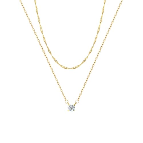 Tewiky Dainty Layered 14K Gold Plated Cubic Zirconia Necklace for Women, Simple Solitaire Pendant Chain Choker Necklaces Set Cute CZ Trendys Gold Jewelry Gift